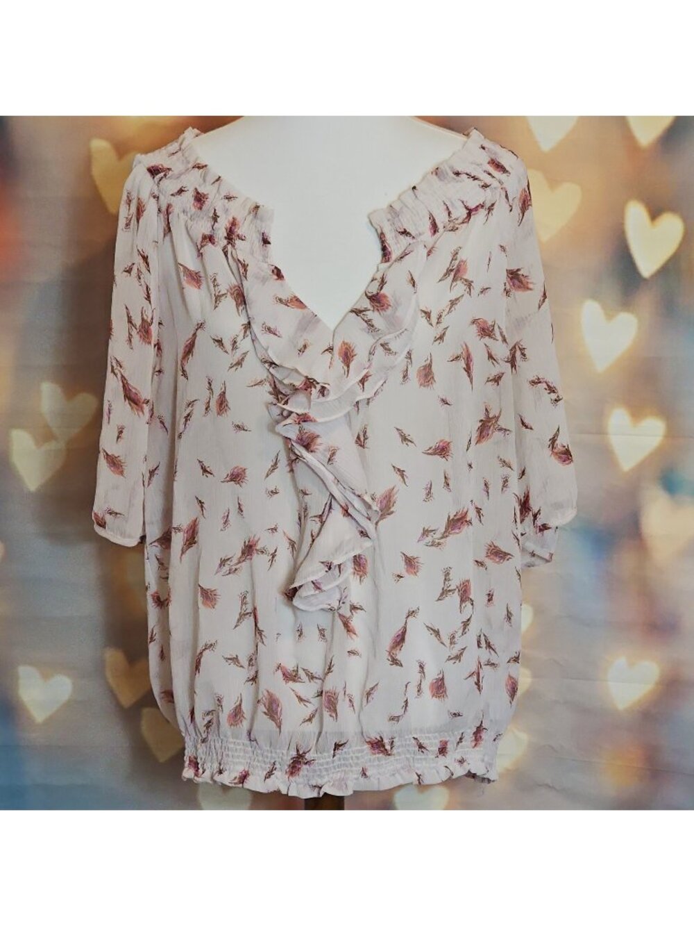 ana Ivory Floral Sheer Neutral V-Neck Ruffle Pullover Blouse Peasant Boho 2X